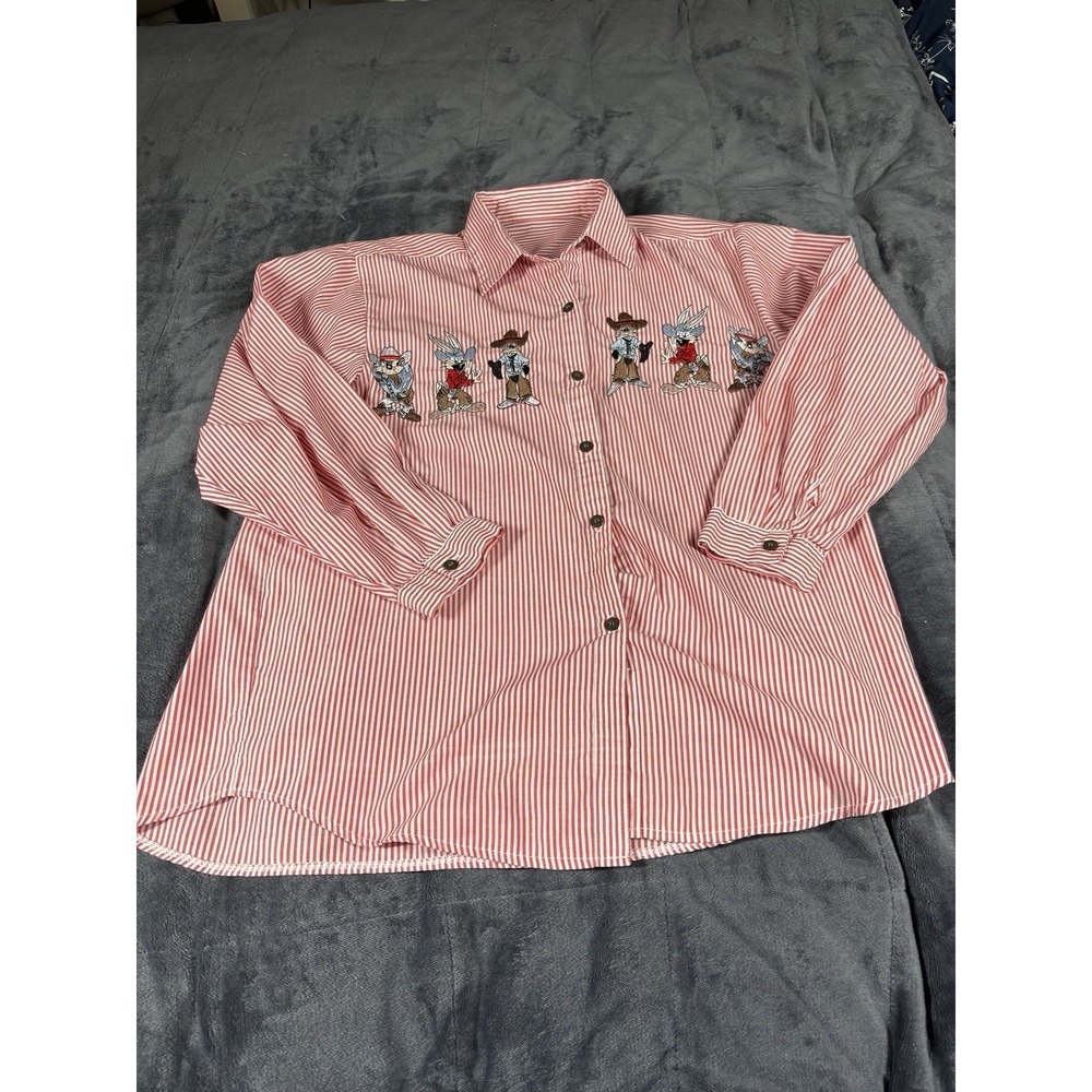 Vtg 90s Infinity Fashions Striped Looney Tunes Button Shirt‎ Women SZ L